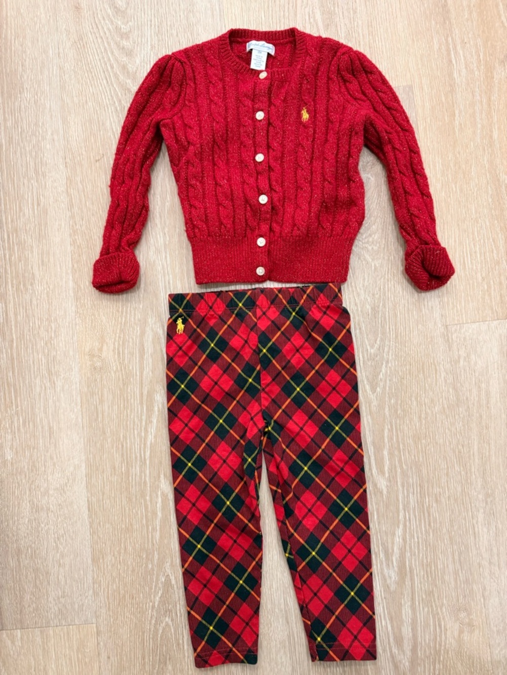Ralph Lauren Red Cable Knit Cardigan with Plaid Leggings